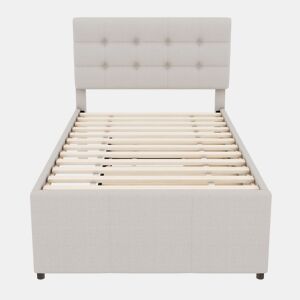 Cama estofada 90x200cm com cama de rodízio 90x190cm - em tecido de linho - com 3 gavetas e estrado de molas - Bege