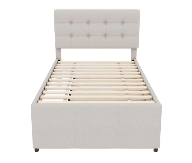 Cama tapizada 90x200cm con cama nido 90x190cm - en tejido de lino - con 3 cajones y somier - beige