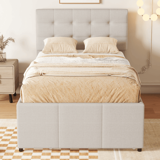 Cama estofada 90x200cm com cama de rodízio 90x190cm - em tecido de linho - com 3 gavetas e estrado de molas - Bege