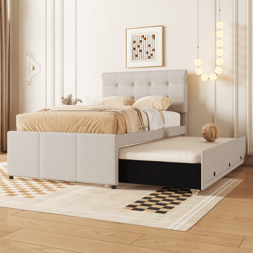 Cama estofada 90x200cm com cama de rodízio 90x190cm - em tecido de linho - com 3 gavetas e estrado de molas - Bege