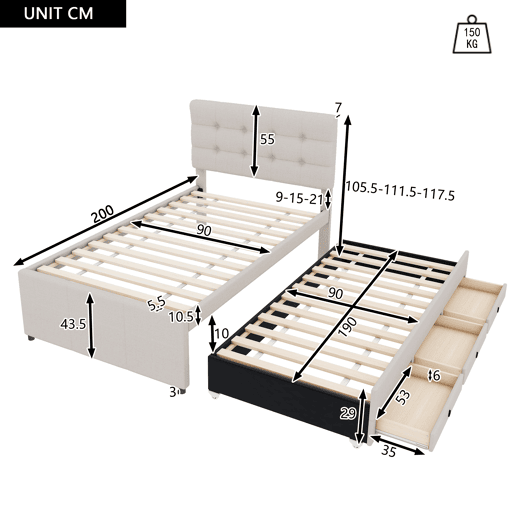 Cama estofada 90x200cm com cama de rodízio 90x190cm - em tecido de linho - com 3 gavetas e estrado de molas - Bege