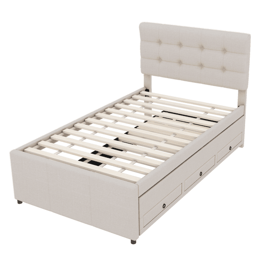 Cama estofada 90x200cm com cama de rodízio 90x190cm - em tecido de linho - com 3 gavetas e estrado de molas - Bege