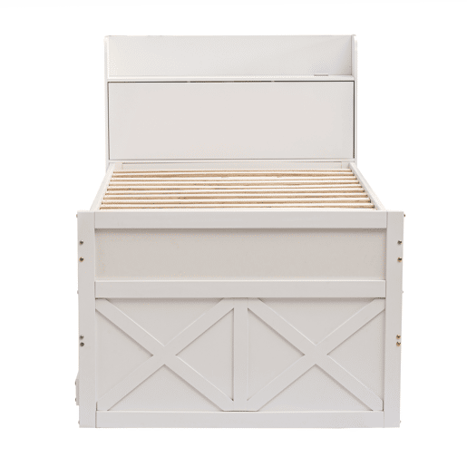 Cama de rodízio em madeira maciça - 90x190cm - com 2 gavetas e porta de carregamento USB na prateleira - Branco