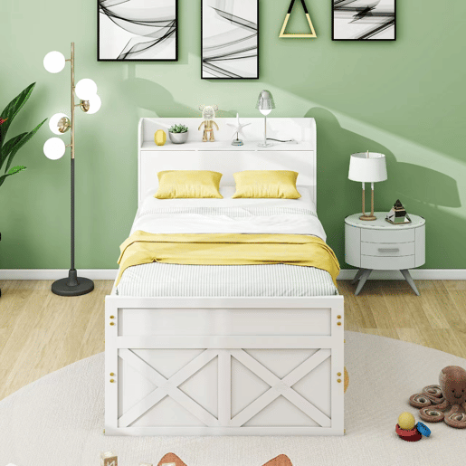 Cama de rodízio em madeira maciça - 90x190cm - com 2 gavetas e porta de carregamento USB na prateleira - Branco