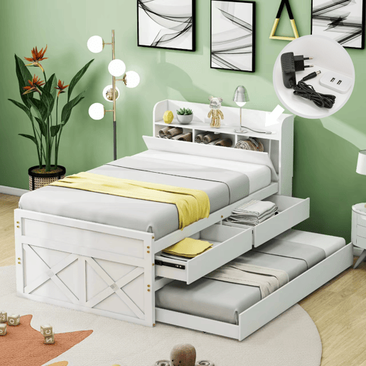 Cama de rodízio em madeira maciça - 90x190cm - com 2 gavetas e porta de carregamento USB na prateleira - Branco