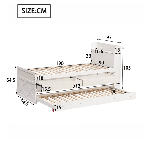 Cama de rodízio em madeira maciça - 90x190cm - com 2 gavetas e porta de carregamento USB na prateleira - Branco