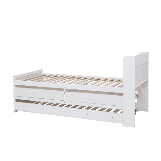 Cama de rodízio em madeira maciça - 90x190cm - com 2 gavetas e porta de carregamento USB na prateleira - Branco