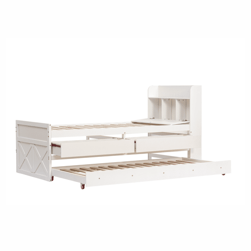 Cama de rodízio em madeira maciça - 90x190cm - com 2 gavetas e porta de carregamento USB na prateleira - Branco