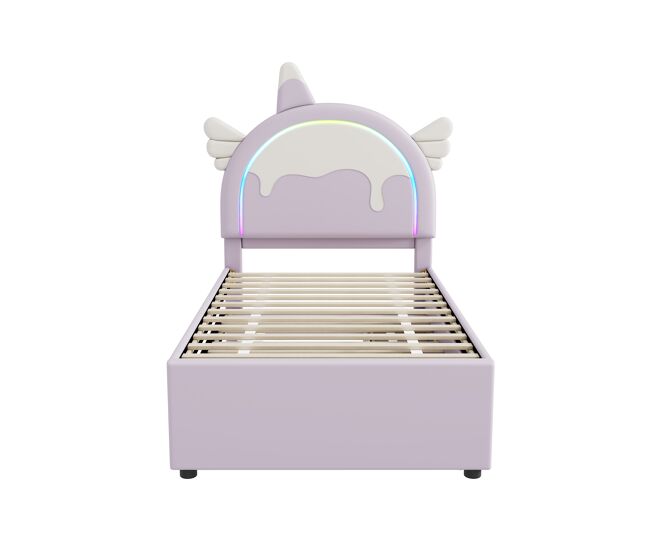 Cama infantil 90x200cm con cama nido 90x190cm - cabecero en forma de unicornio con led - en polipiel - lila claro