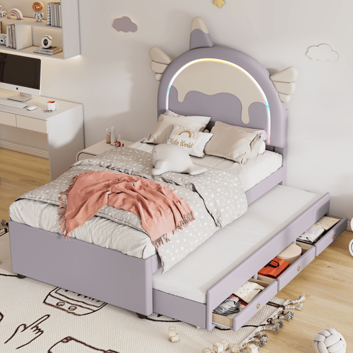 Cama de criança 90x200cm com cama com gavetão 90x190cm - cabeceira em forma de unicórnio com LED - em couro ecológico - Roxo claro
