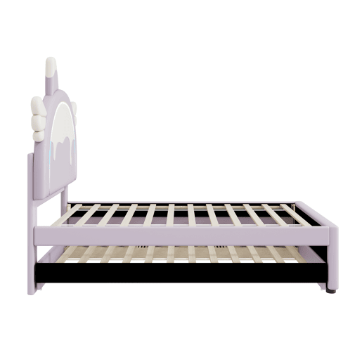 Cama de criança 90x200cm com cama com gavetão 90x190cm - cabeceira em forma de unicórnio com LED - em couro ecológico - Roxo claro