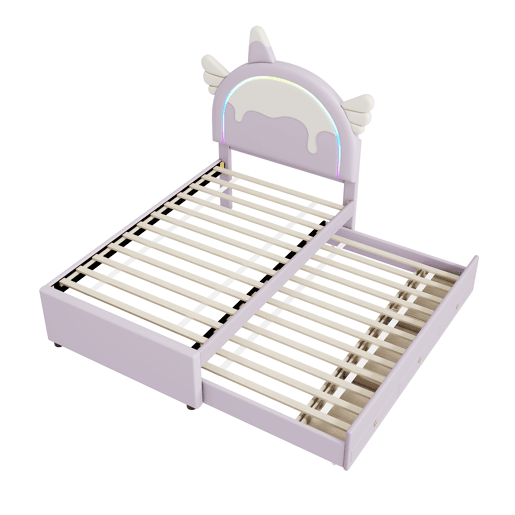 Cama de criança 90x200cm com cama com gavetão 90x190cm - cabeceira em forma de unicórnio com LED - em couro ecológico - Roxo claro