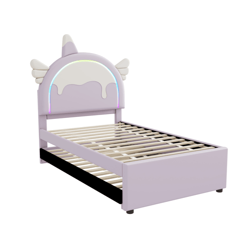 Cama de criança 90x200cm com cama com gavetão 90x190cm - cabeceira em forma de unicórnio com LED - em couro ecológico - Roxo claro