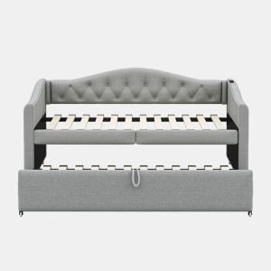 Cama com gavetão de linho 90x200cm e 90x190cm - com porta USB e estrado - Cinzento