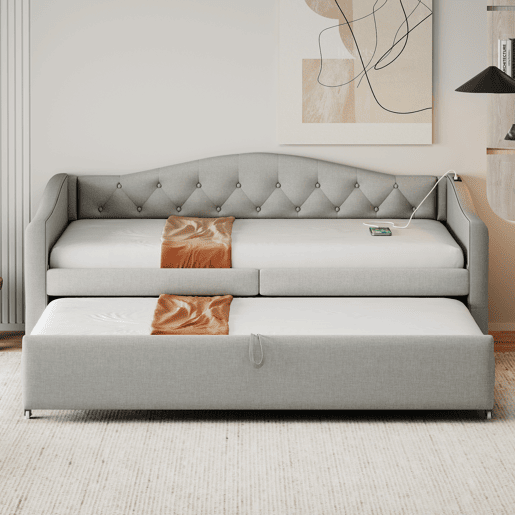Cama com gavetão de linho 90x200cm e 90x190cm - com porta USB e estrado - Cinzento
