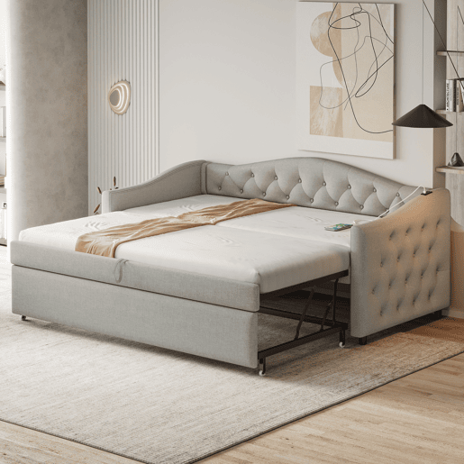 Cama com gavetão de linho 90x200cm e 90x190cm - com porta USB e estrado - Cinzento