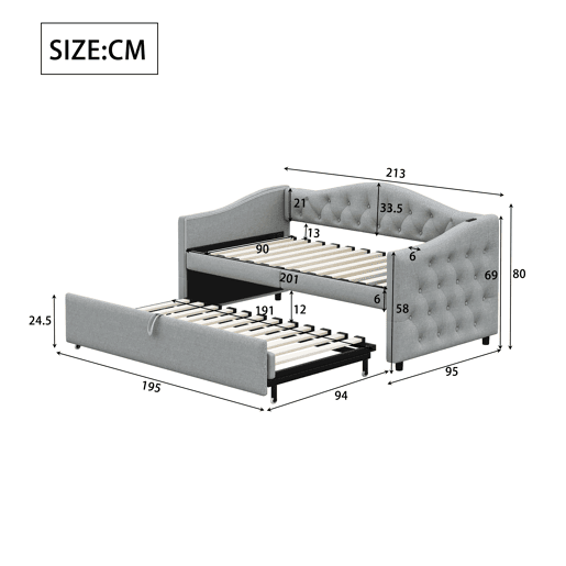 Cama com gavetão de linho 90x200cm e 90x190cm - com porta USB e estrado - Cinzento