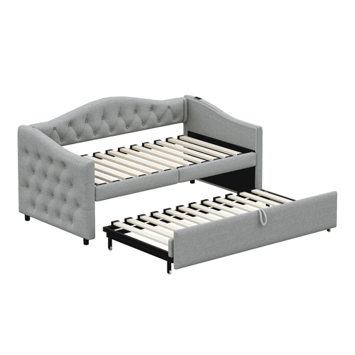 Cama com gavetão de linho 90x200cm e 90x190cm - com porta USB e estrado - Cinzento