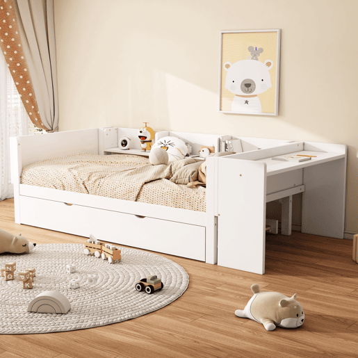Cama individual 90x200 cm com cama com gavetão - com secretária lateral - Branco