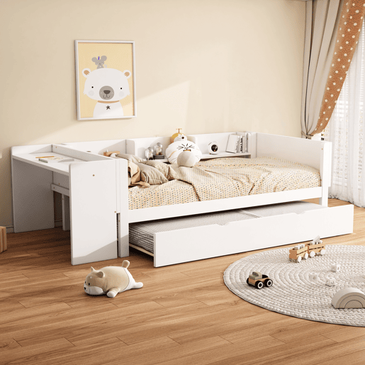 Cama individual 90x200 cm com cama com gavetão - com secretária lateral - Branco