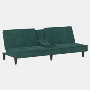 vidaXL Sofá-cama com suportes para copos veludo verde-escuro
