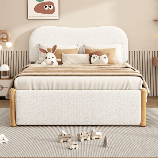 Cama estofada de pelúcia 140x200 cm - com estrado de molas extraível - com estrado de ripas de MDF - Branco