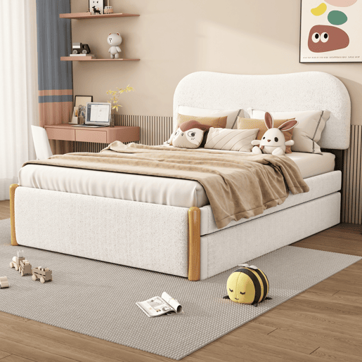 Cama estofada de pelúcia 140x200 cm - com estrado de molas extraível - com estrado de ripas de MDF - Branco