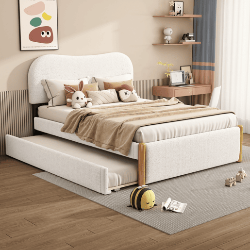 Cama estofada de pelúcia 140x200 cm - com estrado de molas extraível - com estrado de ripas de MDF - Branco