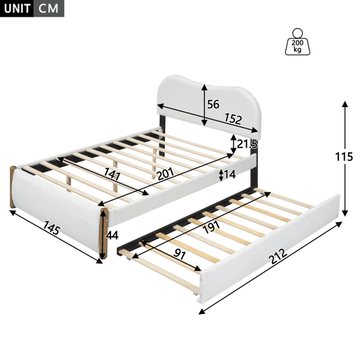 Cama estofada de pelúcia 140x200 cm - com estrado de molas extraível - com estrado de ripas de MDF - Branco