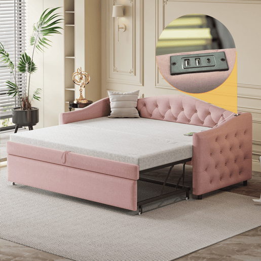 Cama com gavetão de linho 90x200 cm e 90x190 cm - com porta USB e estrado - Rosa