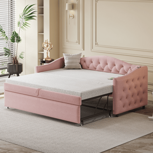 Cama com gavetão de linho 90x200 cm e 90x190 cm - com porta USB e estrado - Rosa