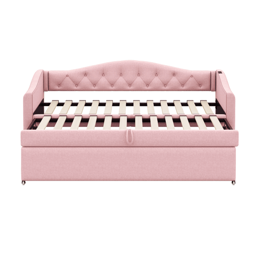 Cama com gavetão de linho 90x200 cm e 90x190 cm - com porta USB e estrado - Rosa