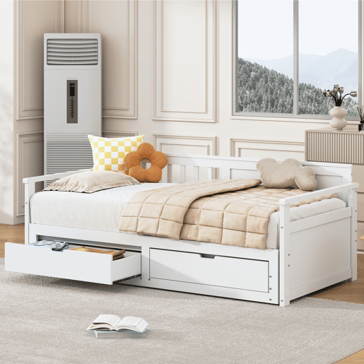 Cama com gavetão 90180x190cm madeira maciça - 2 gavetas com rodas - Branco