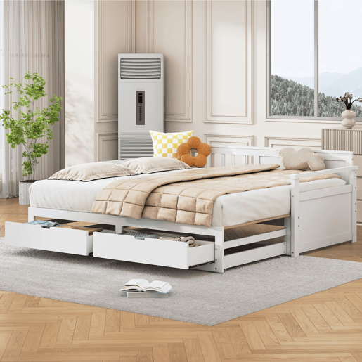 Cama com gavetão 90180x190cm madeira maciça - 2 gavetas com rodas - Branco