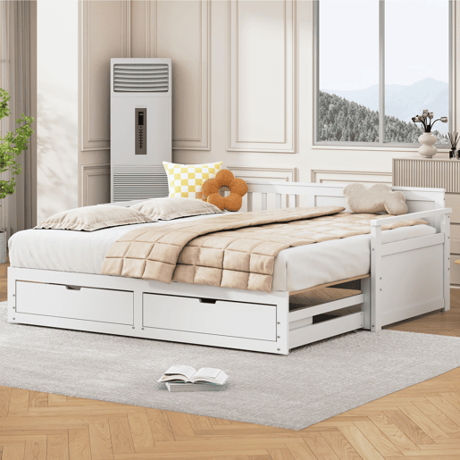Cama com gavetão 90180x190cm madeira maciça - 2 gavetas com rodas - Branco