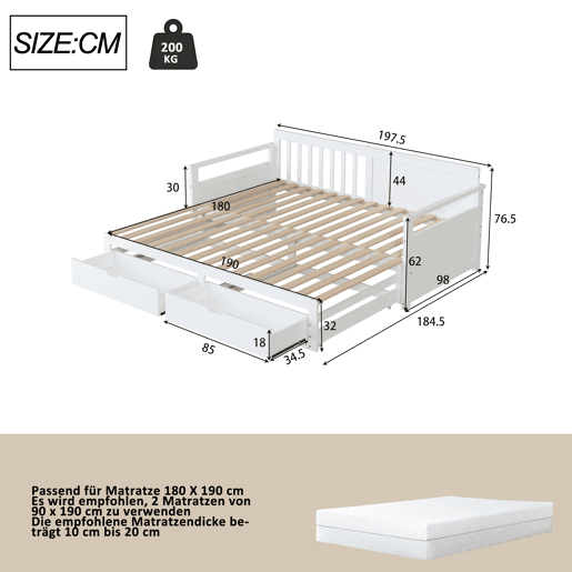 Cama com gavetão 90180x190cm madeira maciça - 2 gavetas com rodas - Branco