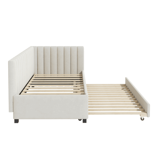 Cama individual 90x200 cm com cama com gavetão - estofada em veludo com estrado de ripas - Bege