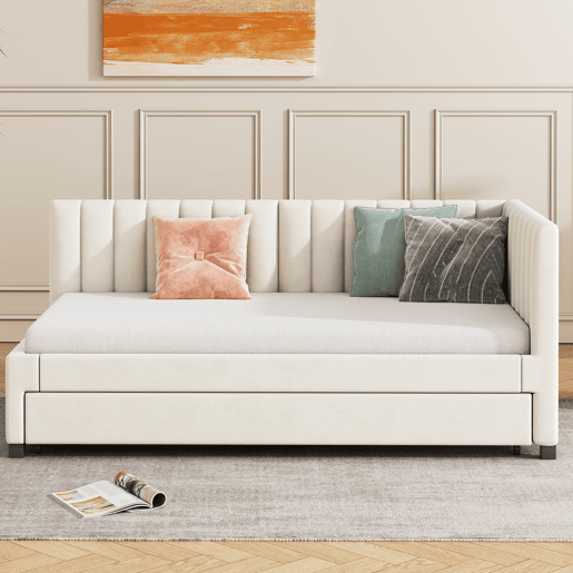 Cama individual 90x200 cm com cama com gavetão - estofada em veludo com estrado de ripas - Bege