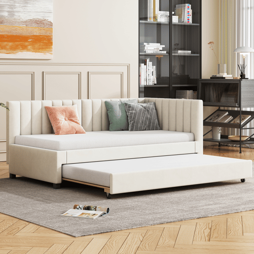 Cama individual 90x200 cm com cama com gavetão - estofada em veludo com estrado de ripas - Bege