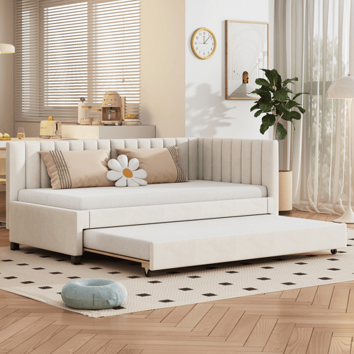 Cama individual 90x200 cm com cama com gavetão - estofada em veludo com estrado de ripas - Bege