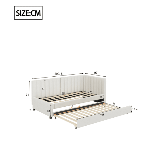 Cama individual 90x200 cm com cama com gavetão - estofada em veludo com estrado de ripas - Bege