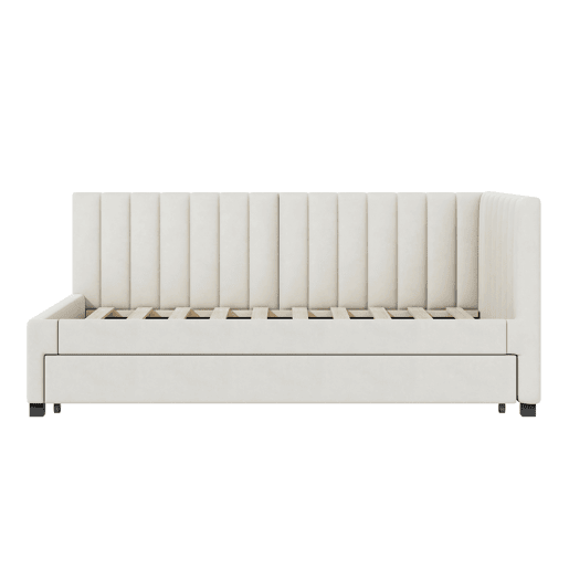 Cama individual 90x200 cm com cama com gavetão - estofada em veludo com estrado de ripas - Bege