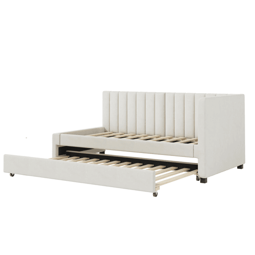 Cama individual 90x200 cm com cama com gavetão - estofada em veludo com estrado de ripas - Bege