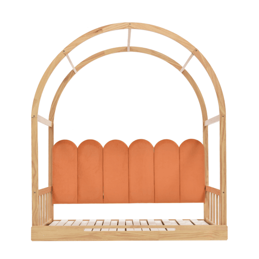 Cama com gavetão 140x100200cm de madeira maciça - com cabeceira de veludo e estrado de ripas - Laranja