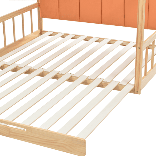 Cama com gavetão 140x100200cm de madeira maciça - com cabeceira de veludo e estrado de ripas - Laranja