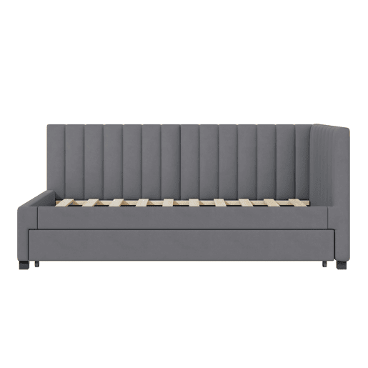 Cama individual 90x200 cm com cama com gavetão - estofada em veludo com estrado de ripas - Cinzento