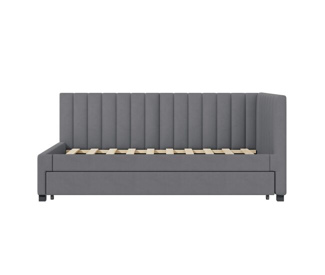 Cama individual 90x200 cm con cama nido - tapizada en terciopelo con somier de láminas - gris