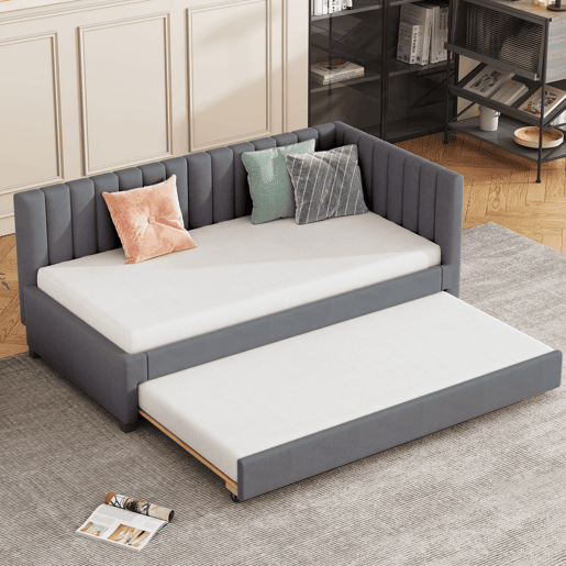 Cama individual 90x200 cm com cama com gavetão - estofada em veludo com estrado de ripas - Cinzento