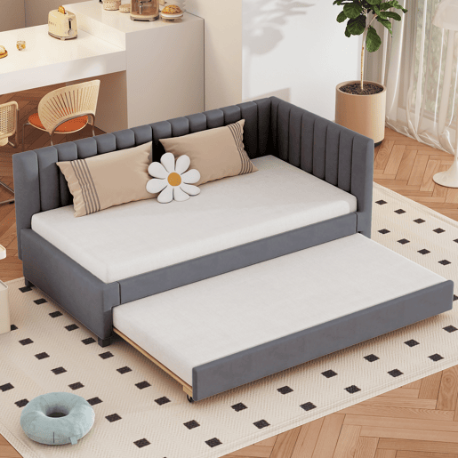 Cama individual 90x200 cm com cama com gavetão - estofada em veludo com estrado de ripas - Cinzento