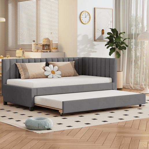Cama individual 90x200 cm com cama com gavetão - estofada em veludo com estrado de ripas - Cinzento